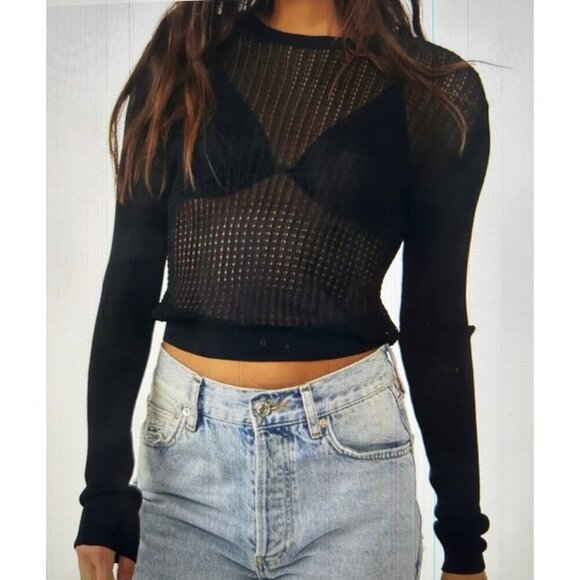 Free People H2O Crew Pullover Open Weave Knit Crop Top Black Size M - Picture 2 of 13